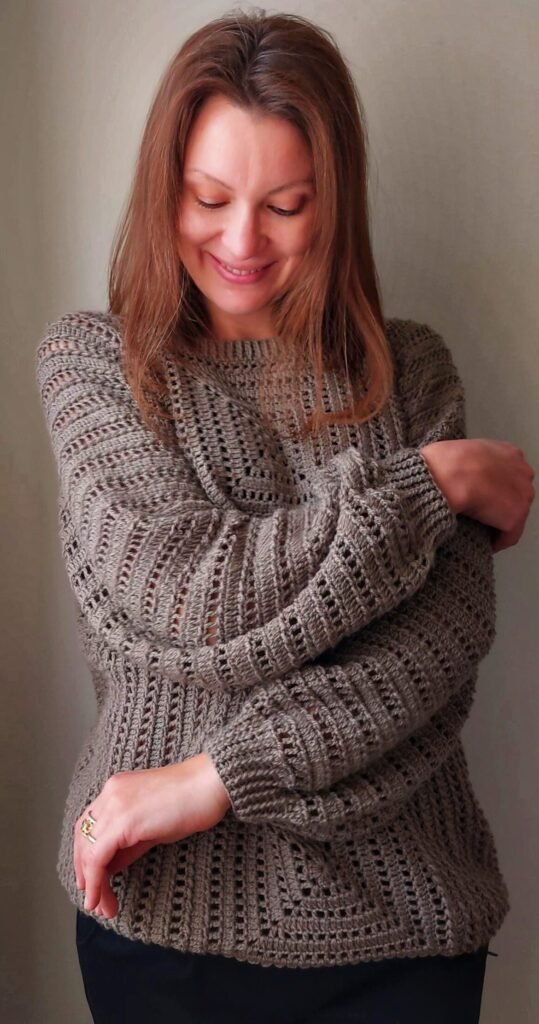 hande made Althea crochet sweater with unique artisanl design.