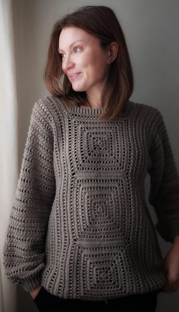 hande made Althea crochet sweater with unique artisanl design.