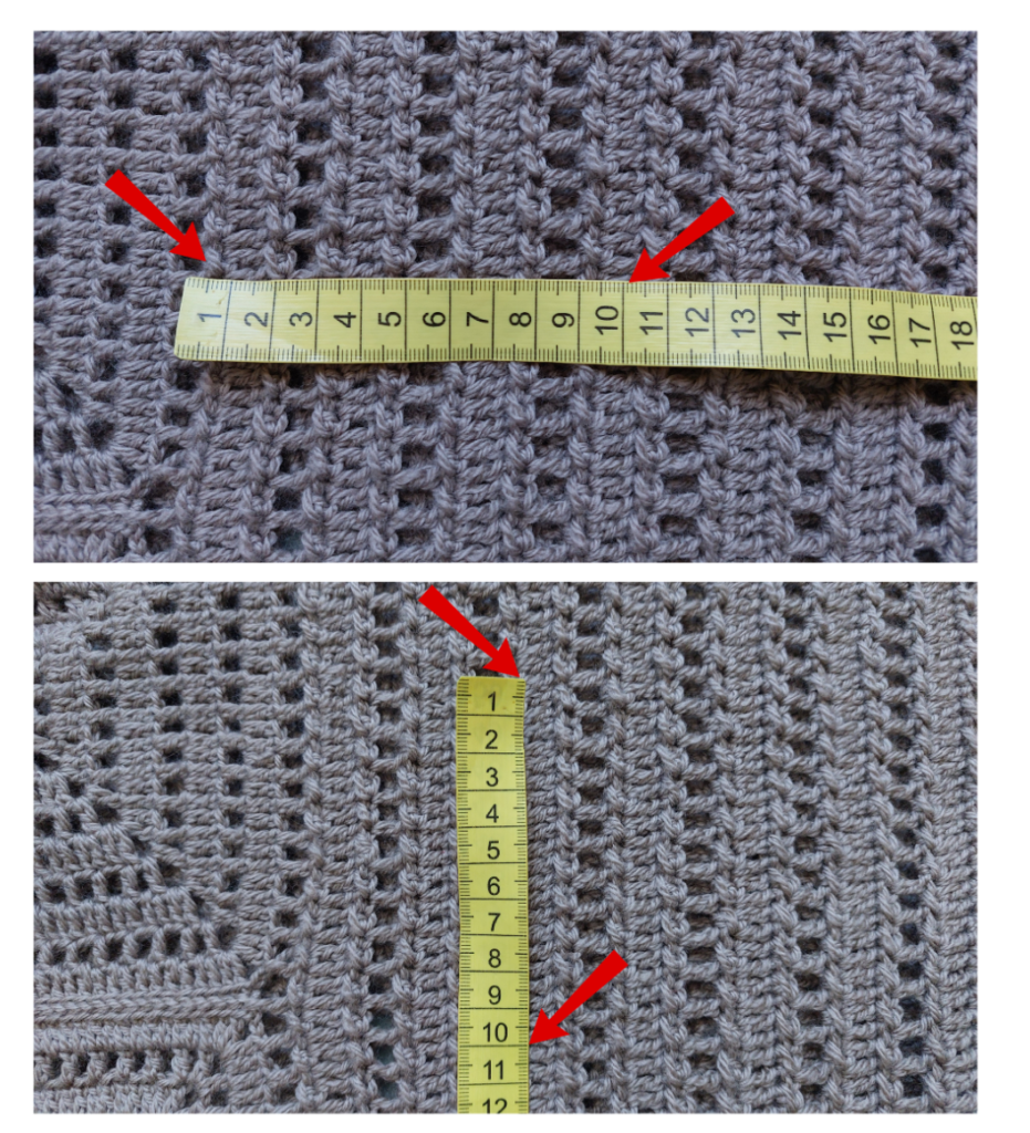 Before starting the project, I recommend making a complete square. Work the necessary number of rows and add the lateral rows that will be worked on the sides of the squares to check if you approximately achieve the following measurements: Height: about 10 cm (approximately 13 rows + half a row, following the pattern). Width: about 10 cm (approximately 21 stitches). If these measurements don’t match, adjust your tension or switch to a larger or smaller hook size.