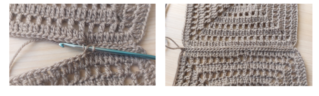 Joining Crochet Squares Join 3 squares in a row using slip stitches (slst) or single crochet (sc), depending on your preference. To join the squares: Work a slip stitch through the back loops of the two squares: Insert the hook into the back loop of the first square. Then, insert it into the back loop of the second square. Pull the yarn on the hook and pass through the 3 loops Repeat for every stitch along the edge to fully join the two squares. Continue in the same way for the third square, creating a row of three joined squares. This technique results in a clean and subtle seam, ideal for joining sweater panels. 😊