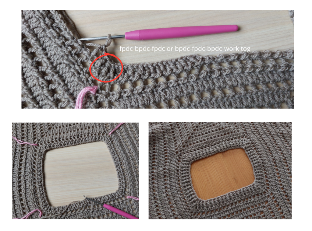 Row 4(R4) - Begin Elastic Pattern:Chain 3 (ch3).Alternate: front post double crochet (fpdc), back post double crochet (bpdc) around. Decrease at corners: Work 3 stitches together as either fpdc-bpdc-fpdc-tog or bpdc-fpdc-bpdc-tog. Repeat at all 4 corners. Continuation:Repeat Row 4 for a total of 5 rounds or until the neckline reaches the desired width. For a snugger fit, continue with additional rows, ensuring corner decreases in each round.