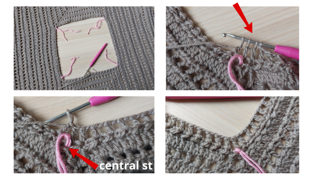 Row 2 (R2):Star this row with hook-3mm.Place the markers on the 4 corners. Chain 4 (ch4), skip one stitch. Alternate: 1 double crochet (dc), 1 chain (ch) until 2 stitches before the first marker. Decrease at corners: ch1,Skip a st and work 3 double crochets (dc) together, skipping one stitch between them. Repeat this decrease for all 4 corners. Close with a slip stitch (sl st) into the third chain of the starting chain-4.