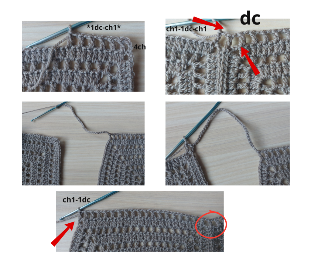 Basic Pattern: Connecting Groups of Squares Sizes XS-S, XL-2X:Chain 3 (ch3), which counts as the first double crochet (dc).Work double crochets (dc) across the length of the first 3 squares:Work 3ch+1dc in the first corner.After 31 dc, at the first connection between squares, work 1dc into the first square’s corner,1dc over the line joining the two squares, 1dc into the second square’s corner. Continue thispattern until reaching the final corner of the third square, where you will work 2dc. Totals: XS/S: ch3-1dc, 31dc, 3dc (explained above), 31dc, 3dc (explained above), 31dc, 2dc (final corner)— Total: 103 stitches. XL/2X: ch3-1dc, 39dc, 3dc (explained above), 39dc, 3dc (explained above), 39dc, 2dc (finalcorner) — Total: 127 stitches.Add joining chains between the two groups of squares based on size: XS: 29 chains (ch29) S: 31 chains (ch31) XL: 37 chains (ch37) 2X: 39 chains (ch39) Continue with double crochets (dc) along the second group of 3 squares, working 2dc in thefirst and last corners. XS, S: total 103 stitches. XL, 2X: total 127 stitches. Work the necessary rows Row 1 (R1):Chain 1 (ch1). Alternate: slip stitch (sl st) - half double crochet (hdc) across the row. End with a slip stitch (sl st). Total stitches per row: XS: 235 S: 237 XL: 291 2X: 293 Row 2 (R2):Chain 4 (ch4), skip one stitch. Alternate: 1 double crochet (dc) - 1 chain (ch) across the row. End with a double crochet (dc). Row 3 (R3):Repeat Row 1 (R1). Row 4 (R4):Chain 3 (ch3), counting as the first double crochet. Work double crochets (dc) across the row. Repeat Pattern: From Row 5 onward, repeat Rows 1 to 4 until the total number of rows is achieved based on the size: XS: 23 rows (16 cm) S: 25 rows (17.5 cm) XL: 31 rows (22 cm) 2X: 33 rows (23.5 cm) We work the same number of rows for the other part of the square groups as well. Sizes M-L Connecting row for square groups: Start with chain 4 (ch4), counting as the first double crochet + 1 chain.Work:*1dc-1ch*finishing the repetition on the first square with dc. At the corner where the first square joins the second, work: ch1 - 1dc (in the seam connecting the squares) - ch1. Repeat the same process when moving from the second to the third square. Stitch count: A total of 18 repetitions (including the initial 4ch) + 1dc at the last stitch of the row before the corner. At the final corner of the third square, work: ch1-1dc Total repetitions of *dc-ch1*- 57, plus a final dc at the last corner of the third square. Work: 1 double crochet (dc) - 1 chain (ch), skipping one stitch. Total stitches per size: M: 115sts L: 115sts Add connecting chains between the two groups, based on size: M: ch33 L: ch35 Continue with the dc-ch pattern on the second group of squares. End the row with a double crochet (dc) in the final corner of the third square. Total stitches: M: 115sts L: 115sts