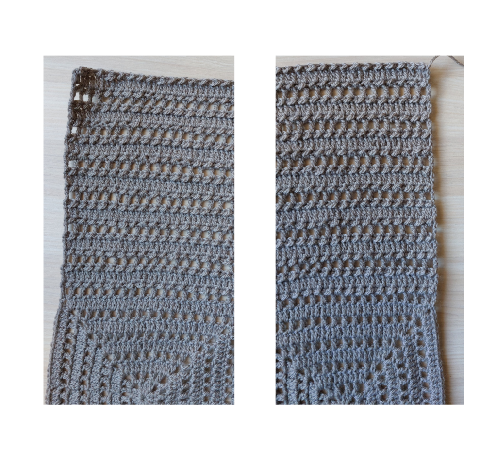 Work the necessary rows Row 1 (R1):Chain 1 (ch1). Alternate: slip stitch (sl st) - half double crochet (hdc) across the row. End with a slip stitch (sl st). Total stitches per row: M:263sts L: 265sts Row 2 (R2):Chain 3 (ch3), counting as the first double crochet. Work double crochets (dc) across the row. Row 3 (R3):Repeat Row 1 (R1). Row 4 (R4):Chain 4 (ch4), counting as a double crochet + 1 chain, skip one stitch. Alternate: 1 double crochet (dc) - 1 chain (ch) across the row. End with a double crochet (dc). Repeat Pattern: From Row 5 onward, repeat Rows 1 to 4 until the total number of rows is achieved based on the size: M: 27 rows (18.5 cm) L: 29 rows (20 cm) We work the same number of rows for the other part of the square groups as well.