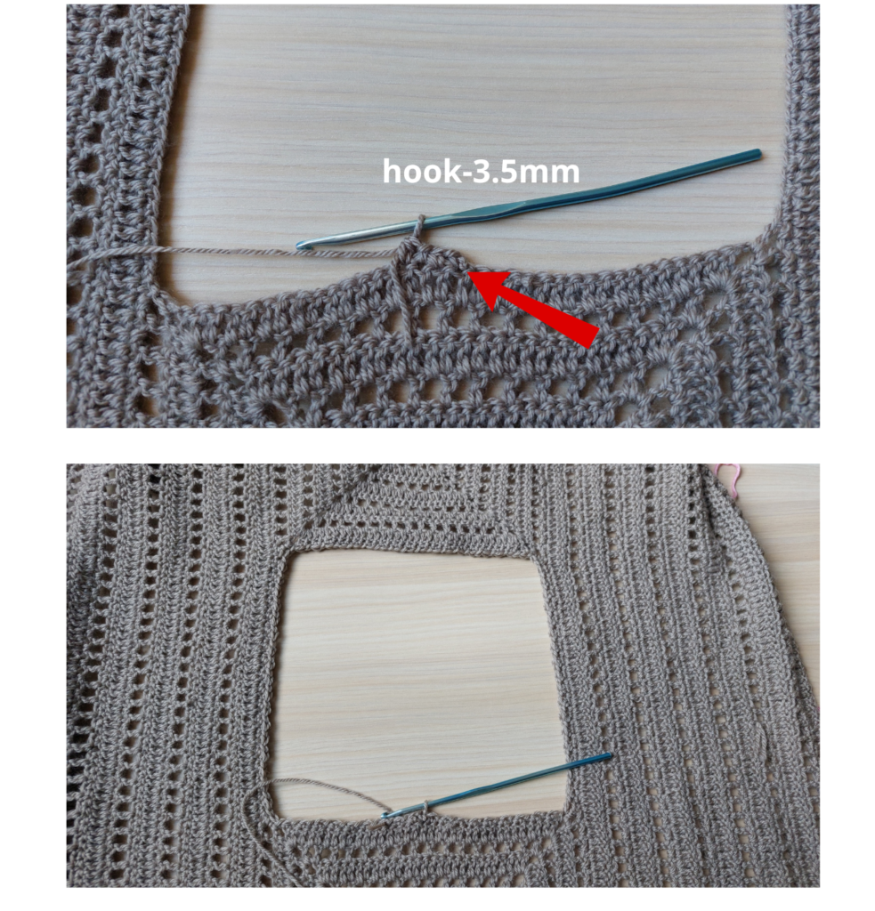 Neckline Finishing (XS, S, M, L, XL, 2X) We will create a rectangular opening at the center, which serves as the head opening . Next, we’ll refinethe edge to create an elastic border defining the neckline. Neckline Pattern:Identify the starting point:Find the center of the back panel.For this row use the crochet hook 3.5mm Begin on the wrong side of the panel. Row 1 (R1):Chain 1 (ch1).Alternate: slip stitch (sl st), half-double crochet (hdc) along the entire neckline opening.Close the round with a slip stitch (sl st).
