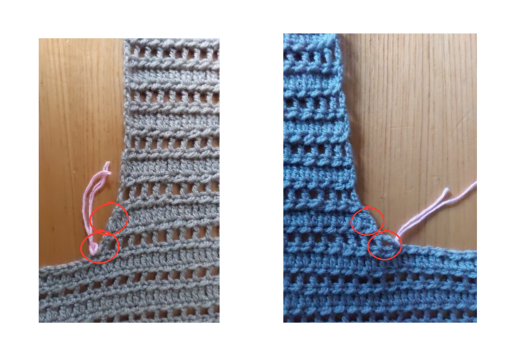 Instructions for Sizes XS, S, XL, 2X Row 1 (R1):Start with 3 chains (ch3). Work 2dc and close the 3 loops tog. Continue with double crochet stitches (dc) until you are 3 stitches before the left stitch marker. Close the last 3 stitches with a triple crochet decrease (3dc-tog). Row 2 (R2):Start with 1 chain (ch1). Alternate slip stitches (sl st) and half-double crochets (hdc) along the row.Finish with a slip stitch (sl st). Row 3 (R3):Start with 3 chains (ch3). Skip one stitch and work 1 double crochet (dc).Close together. Repeat the pattern ch1-1dc along the row, skipping one stitch between each point. In the last 4 stitches, work: ch1, skip one stitch, 2dc-tog with one stitch left free between the two points. Row 4 (R4):Start with 1 chain (ch1). Alternate slip stitches (sl st) and half-double crochets (hdc) along the row.Finish with a slip stitch (sl st). Repeating the Pattern:From Row 5 onwards, repeat the cycle from Row 1 to Row 4 without decrease. . Total Number of Rows: XS: 50 rows (38 cm). S: 52 rows (39.5 cm). XL: 56 rows (42.5 cm). 2X: 58 rows (44 cm). Instructions for Sizes M, L Row 1 (R1):Start with 3 chains (ch3). Skip one stitch and work 1 double crochet (dc). Close the last two double crochet stitches of the row together. Repeat the pattern ch1-1dc along the row, skipping one stitch between each point. In the last 4 stitches, work: ch1, skip one stitch, 2dc-tog with one stitch left free between thetwo points. Row 2 (R2):Start with 1 chain (ch1). Alternate slip stitches (sl st) and half-double crochets (hdc) along the row.Finish with a slip stitch (sl st). Row 3 (R3):Start with 3 chains (ch3). Work 2 double crochet stitches together (2dc-tog) into the next stitch. Continue with double crochet stitches (dc) until you are 3 stitches before the left stitch marker. Close the last 3 stitches with a triple crochet decrease (3dc-tog). Row 4 (R4):Start with 1 chain (ch1). Alternate slip stitches (sl st) and half-double crochets (hdc) along the row.Finish with a slip stitch (sl st). Repeating the Pattern: From Row 5 onwards, repeat the cycle from Row 1 to Row 4. Stop decreasing in rows with double crochet (dc) and mesh pattern (1dc-1ch). Total Number of Rows: M: 54 rows (41 cm). L: 56 rows (42.5 cm).