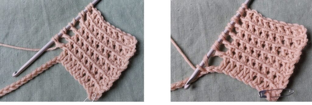 Repeat these steps: YO twice,Insert the hook through the two overlapping stitches (6 loops on the hook). YO, pull through 2 loops(5 loops on the hook) YO twice, Insert the hook through the two overlapping stitches (8 loops on the hook). YO, pull through 2 loops (7 loops on the hook) YO twice, Insert the hook through the two overlapping stitches (10 loops onthe hook). YO, pull through 2 loops (9 loops on the hook) YO twice, Insert the hook through the two overlapping stitches (12 loops on the hook). YO, pull through 2 loops (11 loops on the hook)YO, skip 1 stitch on the foundation chain, pull through (13 loops on the hook).
