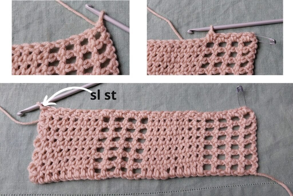 Row2:For row 2 and 4, we will alternate between two stitches:a slip stitch and a half double crochet, (repeat the two stitches for the entire row and close the row with sl st) When we are working over the net element, we will do the following: the slip stitch will be worked over the post of the stitch from the previous row,while the half double crochet will be worked into the space between the posts. On the other hand, when we are working over the full element, we will work each stitch following the order . We always finish the row with the slip stitch. ch1*sl st(put the stitch marker)-hdc*-sl stsl