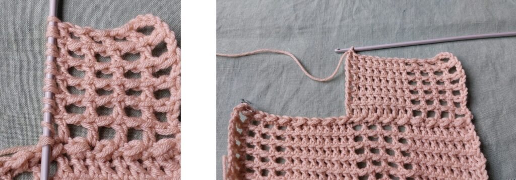 Continue with 6R dc st(8t)-six rows of double crochet stitch at the same time- 8 times YO, insert the hook into the two overlapping stitches and pull through (3 loops on the hook). YO, insert the hook into the two overlapping stitches and pull through (5 loops on the hook). YO, insert the hook into the two overlapping stitches and pull through(7 loops on the hook). YO, insert the hook into the two overlapping stitches and pull through (9 loops on the hook). YO, insert the hook into the two overlapping stitches and pull through (11 loops on the hook). YO, insert the hook into the first stitch that follows on the previous row (13 loops on the hook) Closing the Loops: To finish, close all the loops two at a time until you have only one loop left on the hook.