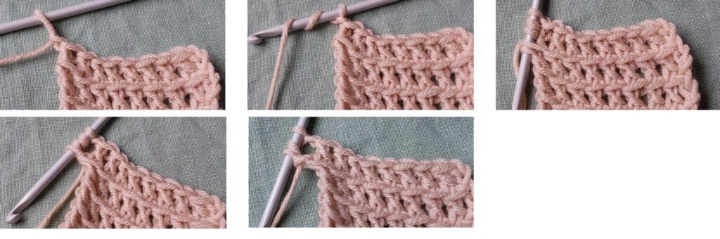 Now that we have our full element ready, made from 6 rows of dc st workedat the same time and repeated 8 times, move on to the net(mesh) element. Net (Mesh) Element -6R mesh st ( 4t):Chain 1.Work 2 yarn overs (YO), then:Insert the hook through the two overlapping stitches (4 loops on thehook).YO, pull through 2 loops (3 loops on the hook).ch1