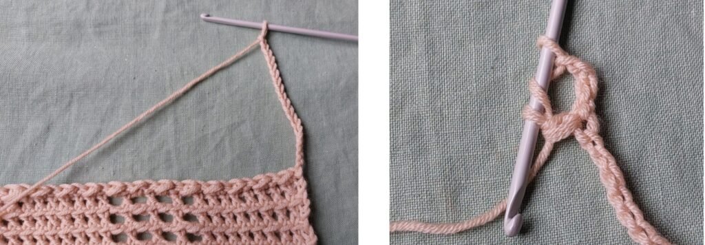 Row3: For row 3, we will work in the opposite order of row 1. This means starting with the net element,followed by the full element, and alternating them in this sequence. Start the row:ch19 YO twice, skip 4 loops, pull through the fifth loop.Yarn over and pull through 2 loops. (3 loops on the hook)
