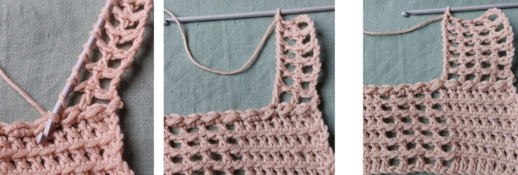 ch1-YO twice;Insert the hook into the two overlapping stitches, pull the yarn through, YO, and pull through 2 loops on the hook (you should now have 3loops on the hook) -YO twice;Insert the hook into the two overlapping stitches, pull the yarn through, YO, and pull through 2 loops on the hook (5 loops on the hook) -YO twice; Insert the hook into the two overlapping stitches, pull the yarn through, YO, and pull through 2 loops on the hook (7 loops on the hook) -YO twice; Insert the hook into the two overlapping stitches, pull the yarn through, YO, and pull through 2 loops on the hook (9 loops on the hook) -YO twice; Insert the hook into the two overlapping stitches, pull the yarn through, YO, and pull through 2 loops on the hook (11 loops on the hook) -YO, skip one stitch on the previous row ,pull through(13 loops on the hook) Closing the Loops:To finish, close all the loops two at a time until you have only one loop left on the hook.