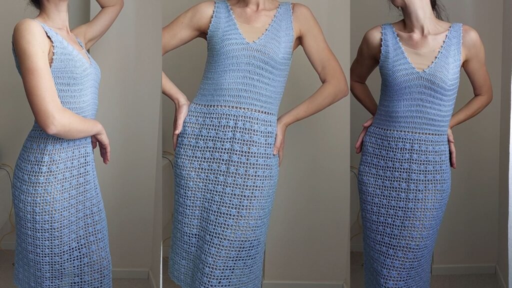 Woman wearing a handmade sky blue crochet drss