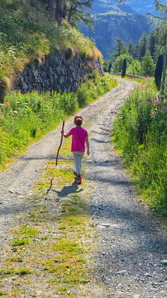 Little girl walking up a mountain path with a stick.