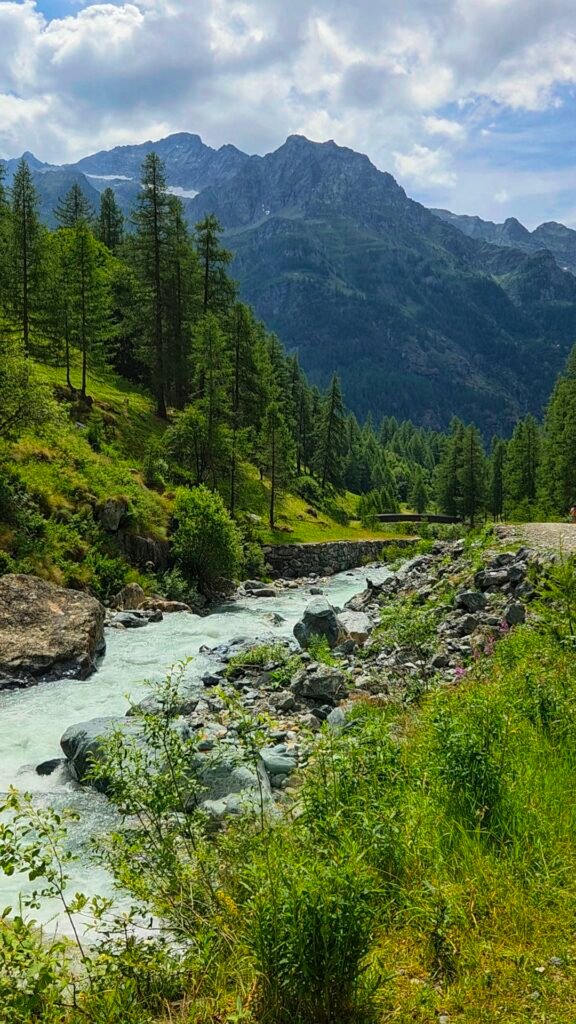 A quiet river flowing through green meadows with tall mountains in the background.