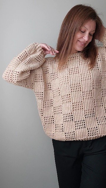 Woolen Harmony Sweater in chunky yarn, handmade with soft textured stitches and a relaxed fit