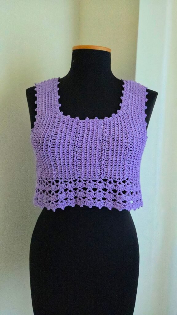 Handmade lilac crochet tank top with scalloped hem.
