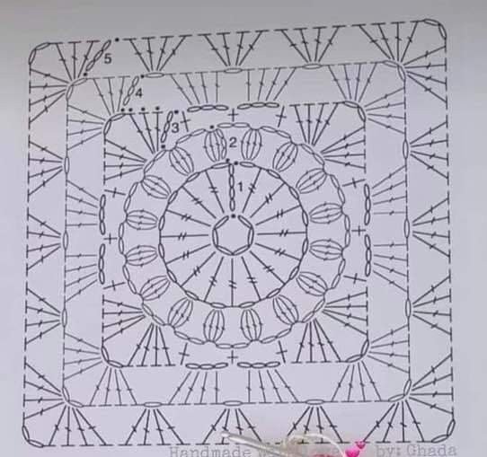 Crochet chart diagram for the floral square motif used in the Serenity Square Top.
