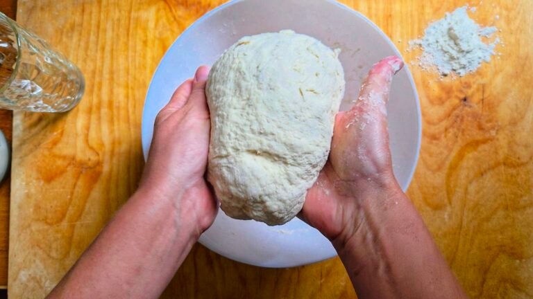 Hands kneading homemade pizza dough