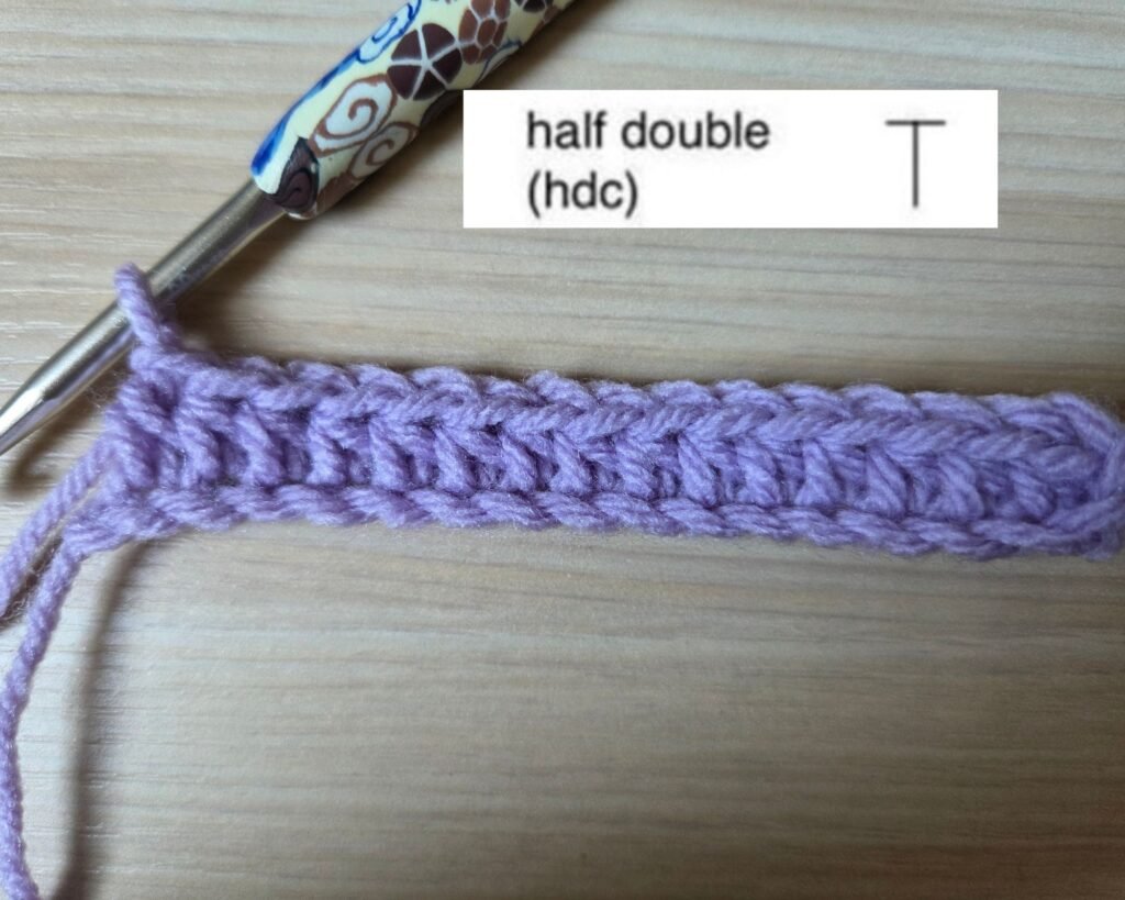 Crochet in progress: foundation chains and row of half double crochets