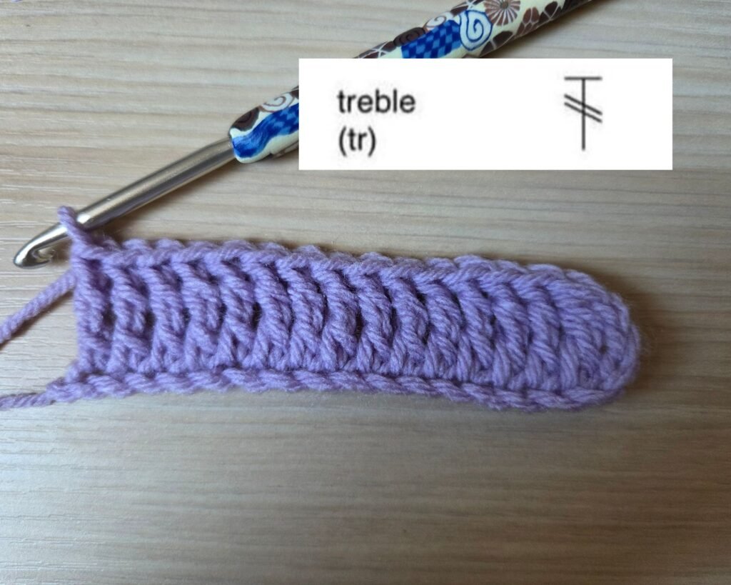 Treble crochet (UK double treble crochet-dtr) stitch with chart symbol